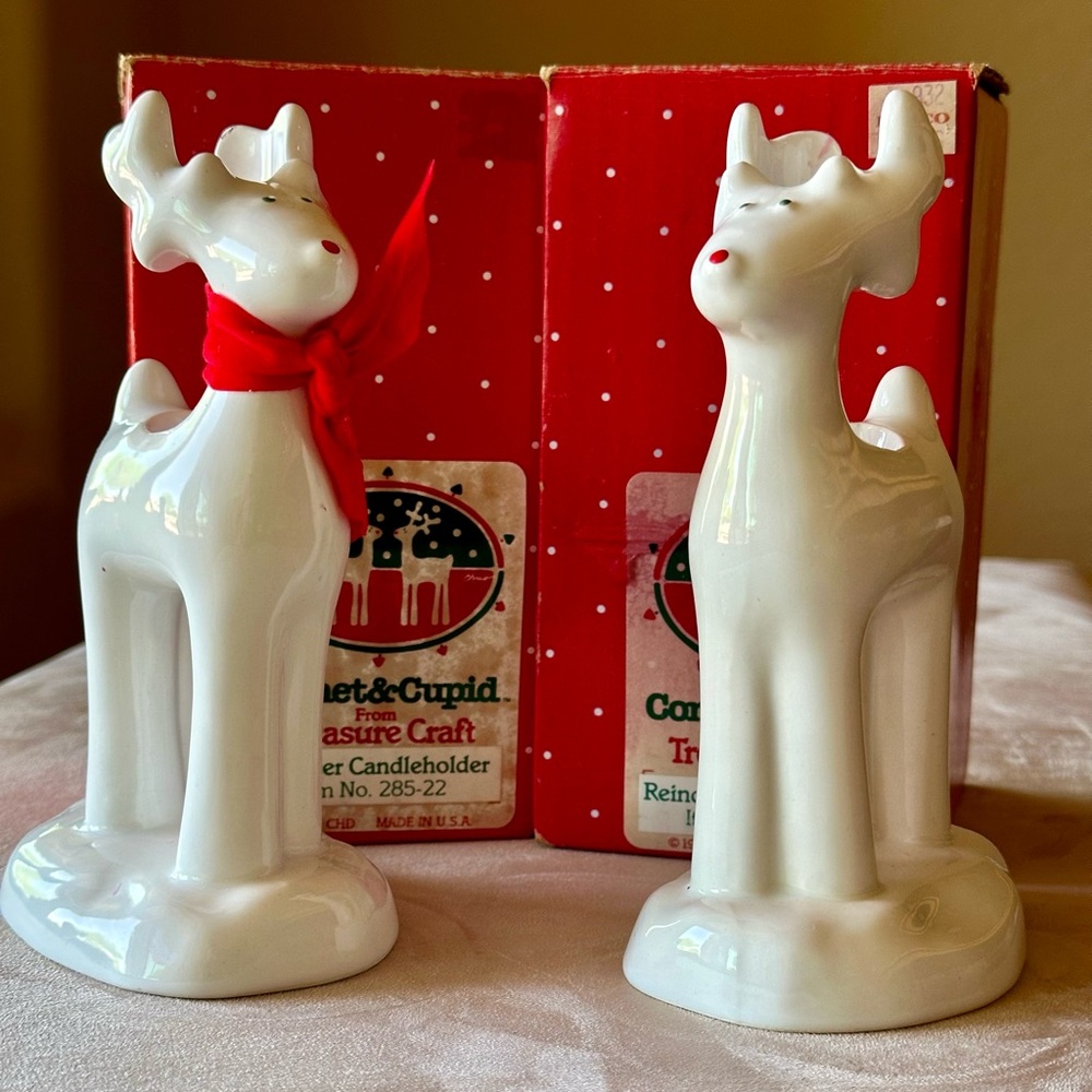Set of 2 Reindeer Candleholders in box Treasure Craft Vintage 1986 Comet & Cupid